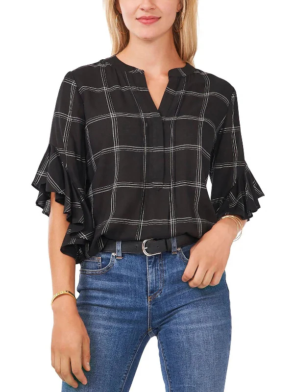 High-End Style Discounts Womens Plaid Flutter Sleeve Henley