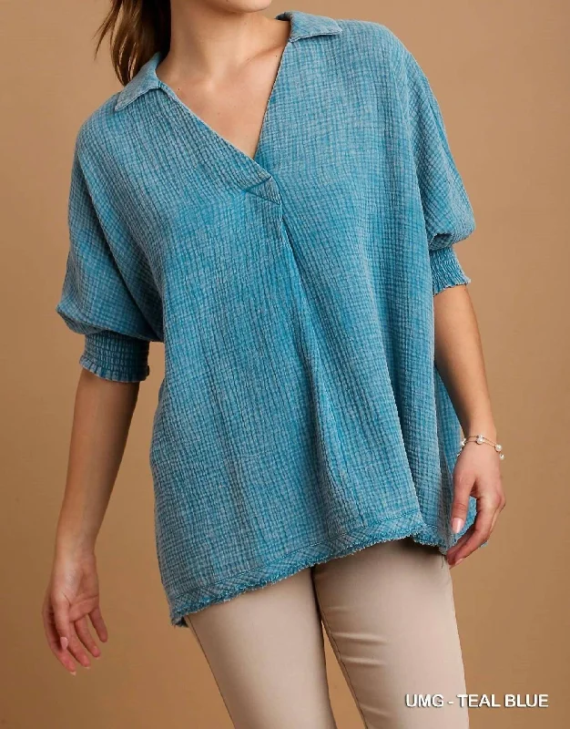 Modern Fashion Sale Mineral Wash Boxy Cut Top In Teal Blue