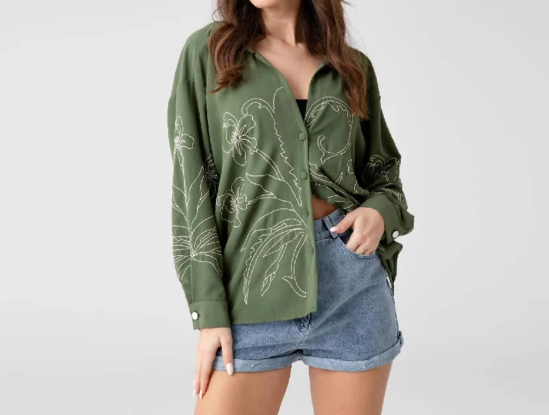 Sophisticated Street Style Offers Drop Shoulder Embroidery Oversized Shirt In Khaki