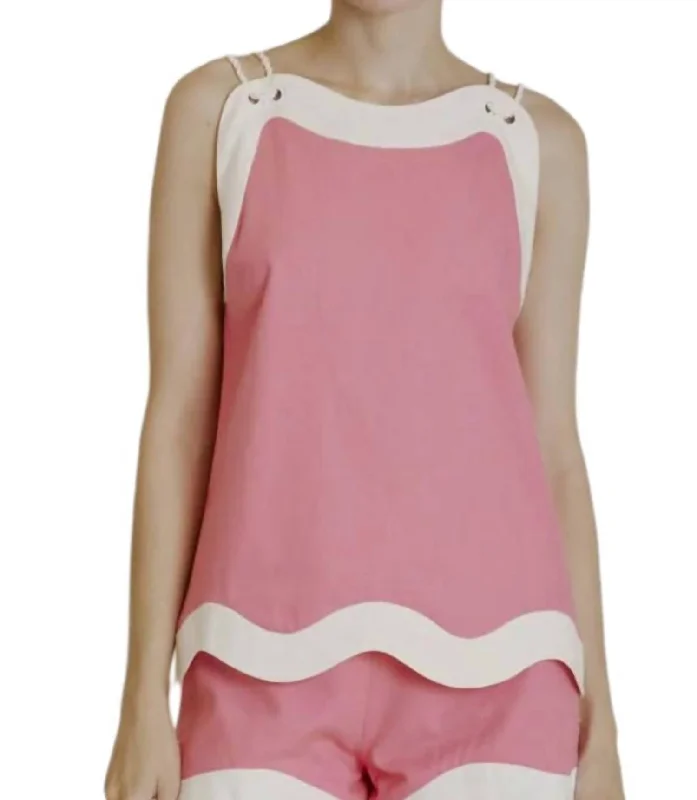 Seasonal Clearance Linen Wave Hem Top In Pink/white