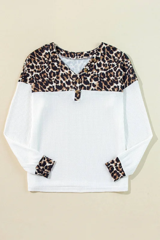 Big Savings Leopard Waffle Knit Vneck Top In White