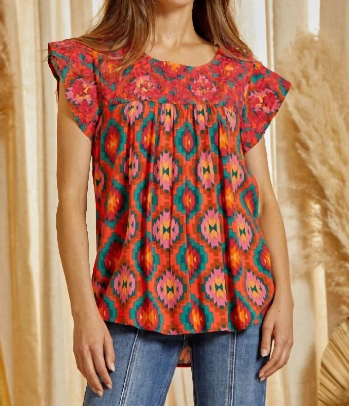 Absurdly Cheap Sale Aztec Embroidered Flutter Sleeve Top In Multi Color