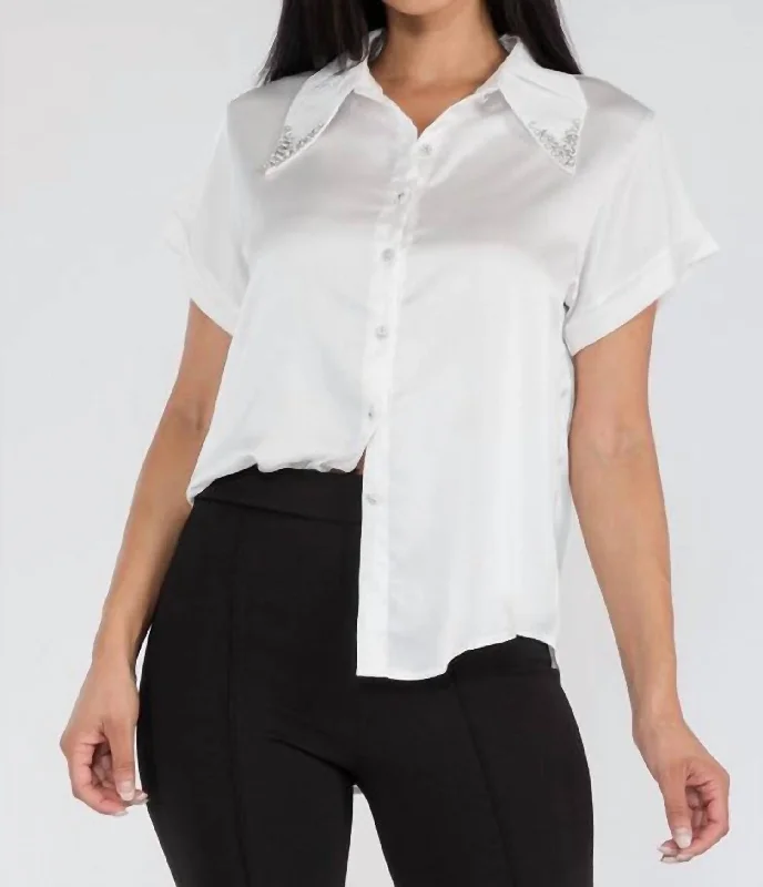 Seasonal Fashion Rhinestones Collar Shirt In White