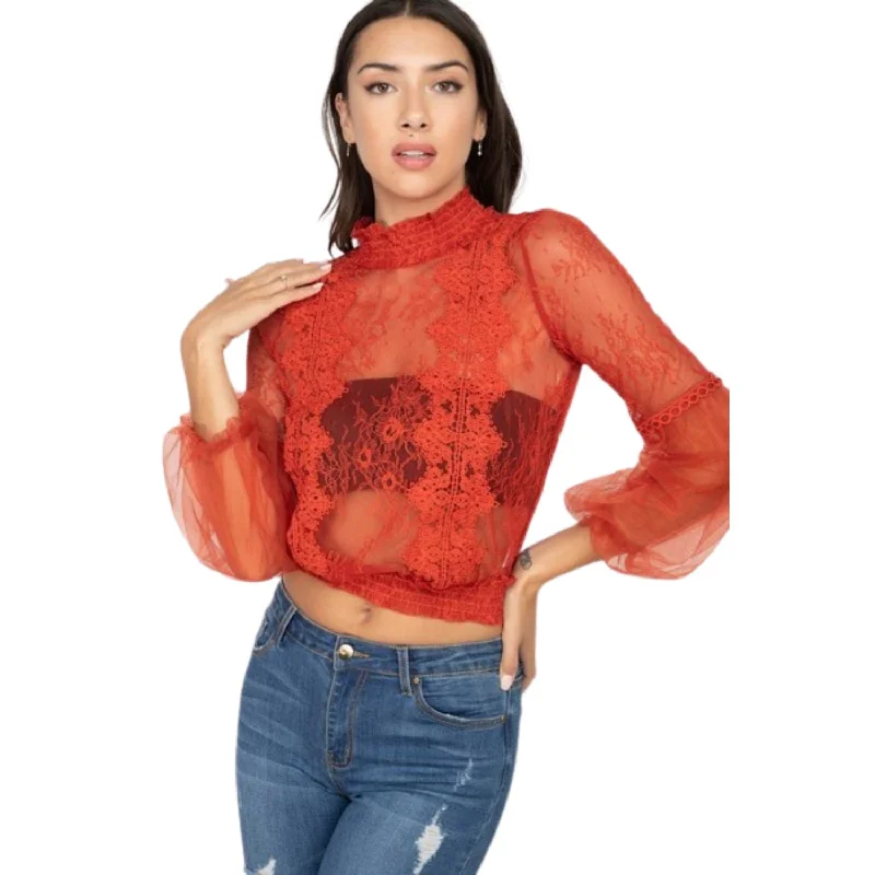 Huge Discounts This Week Lace Trim Balloon Sleeve Smocked Top