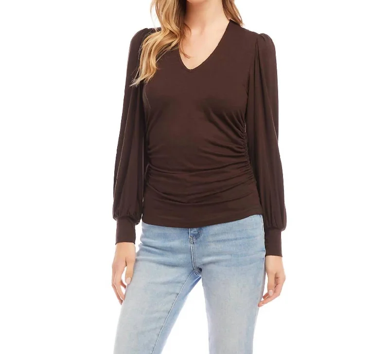 Modern Chic Discounts Shirred V-Neck Top In Brown