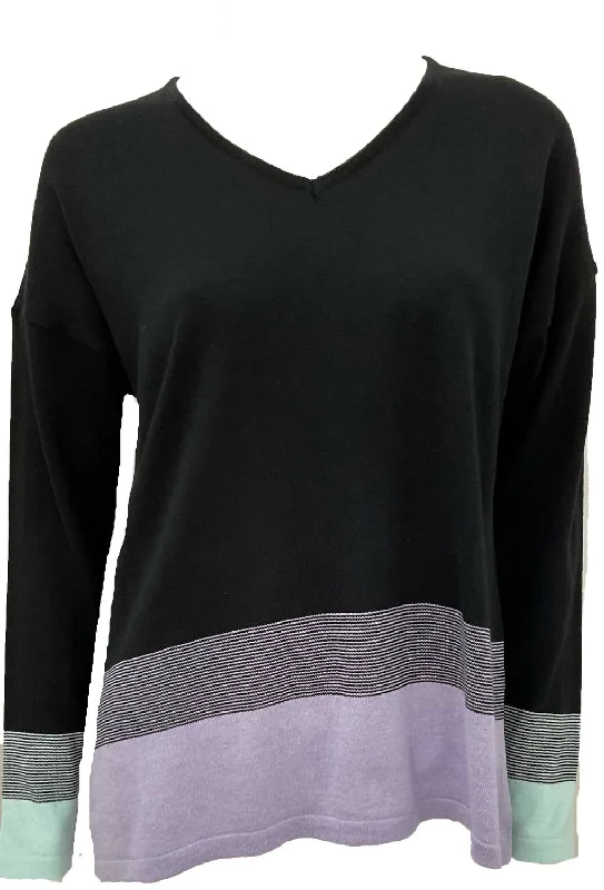 Vibrant Style Promotions Women's Ombre 3/4 V-Neck Top In Black/lilac/mist