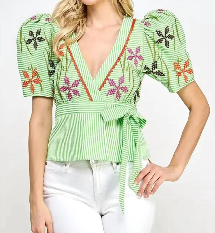 Stylish Looks Floral Embroidery Top In Green