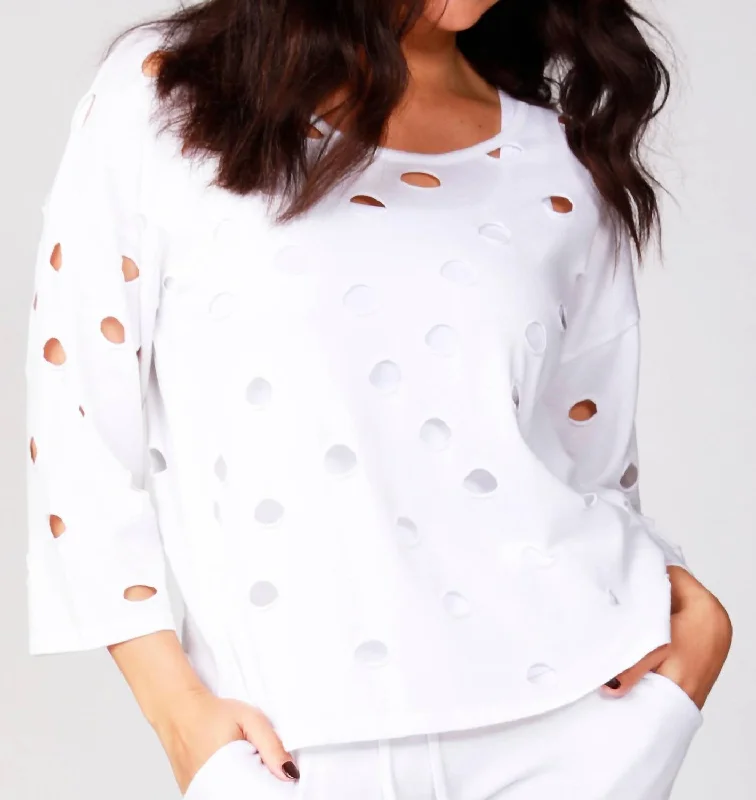 Seasonal Clearance Solid Holey Crew Top In White