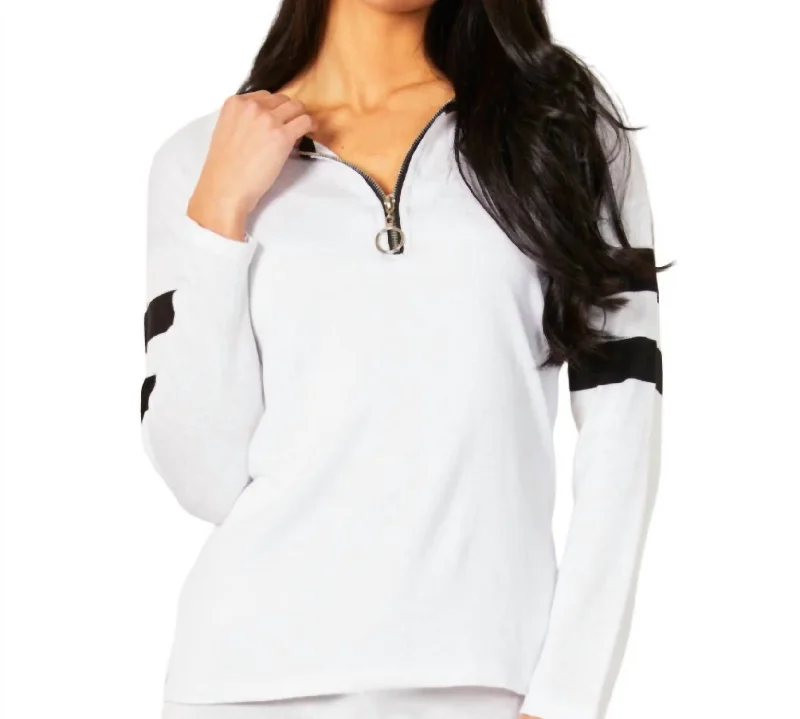 Hot Styles Crew Stripe Zip Detail Top In White