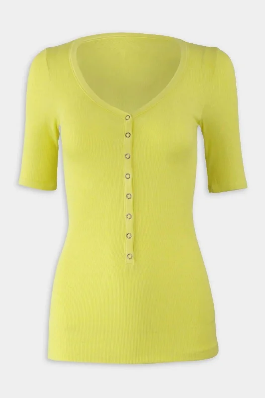 Best Deals Of The Season Silk Rib Half Sleeve Snap Henley Top In Citron