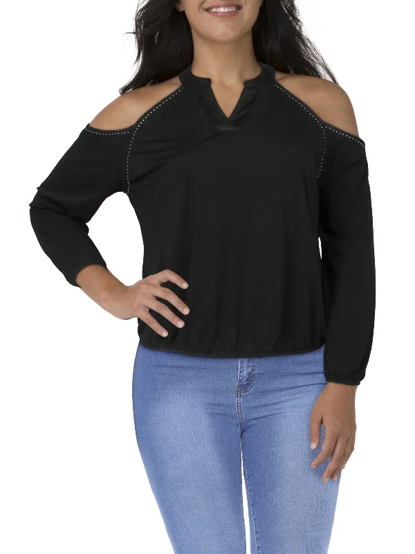 Classic Elegance Sales Plus Womens Studded Split Neck Cold Shoulder