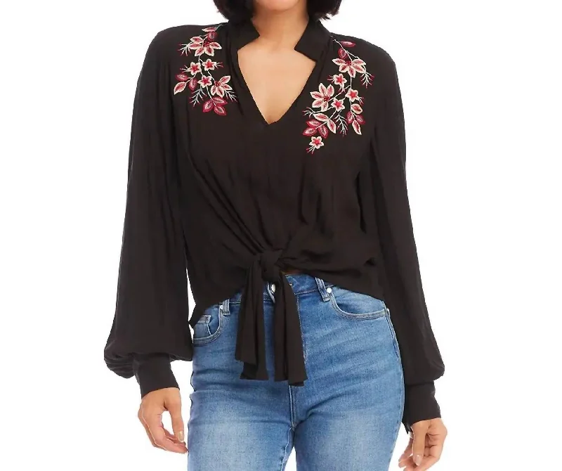 Premium Style Embroidered Tie Front Top In Black