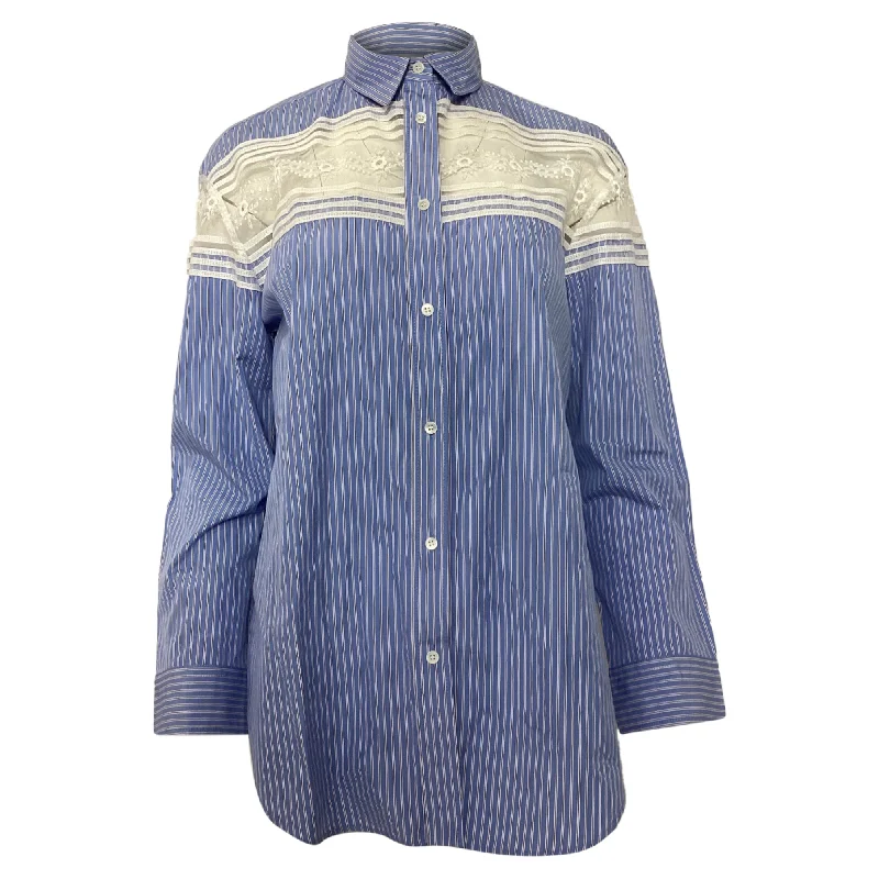 Top Brand Discounts Sandro Striped Shirt with Lace Inset in Light Blue Cotton