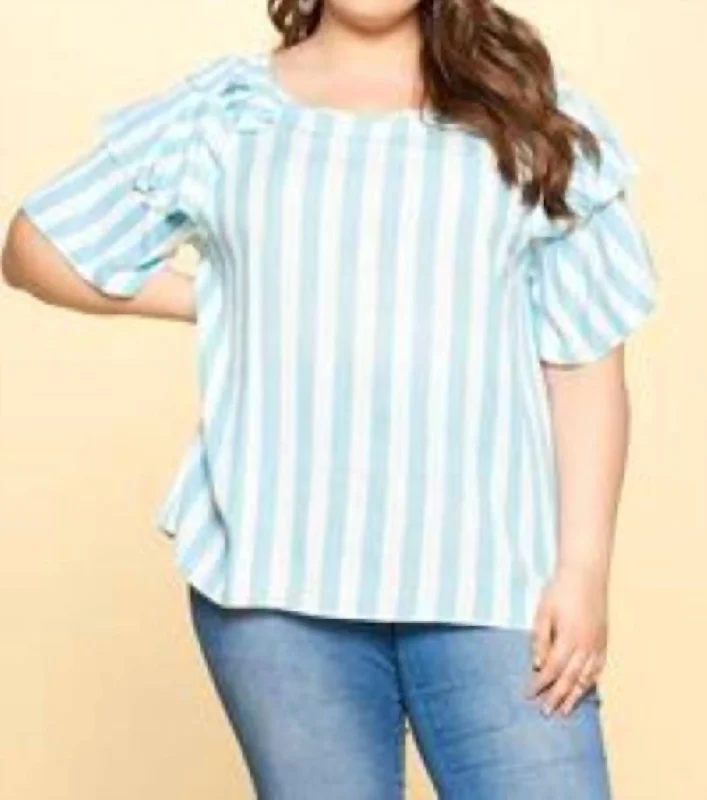 Budget-Friendly Fashion Ruffle Sleeve Plus Top In Sky Blue And White Stripe