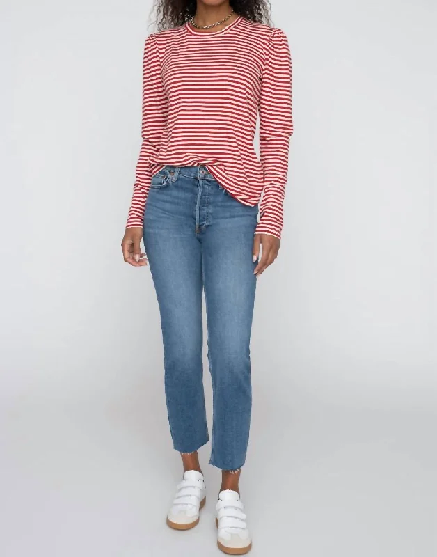 Trendy Threads Stripe Organic Cotton Puff Sleeve Top In Ruby Stripe