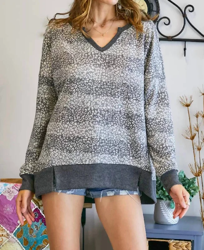 Durable Fashion Picks Cheetah V Neck Loose Fit Top Plus In Grey