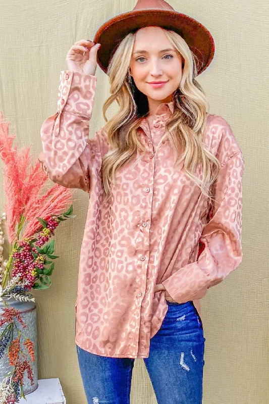 Bid Farewell To The Old Season Satin Leopard Button Up Curved Hem Shirt