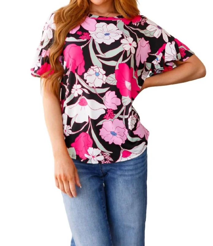 Budget-Friendly Fashion Floral First Ruffle Sleeve Top In Black