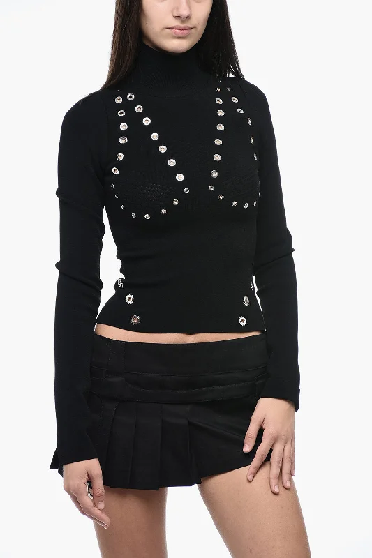 Hot Trends Off-White Stretchy Turtleneck Top With Eyelet Detailing