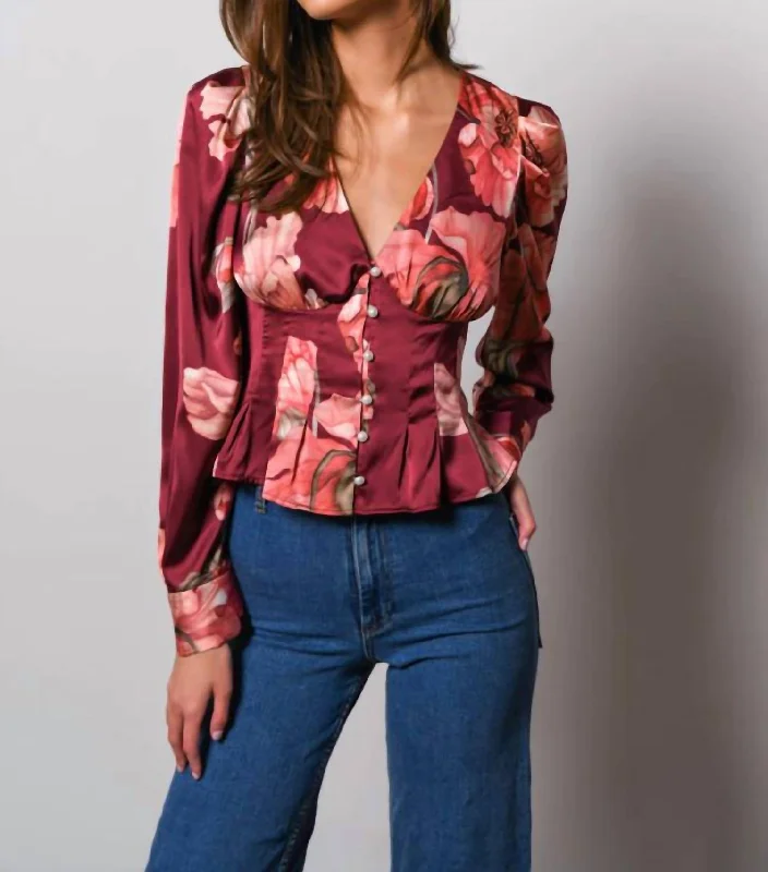 Romantic Chic Deals Britt Pintucked Top In Wine Vining Painted Floral