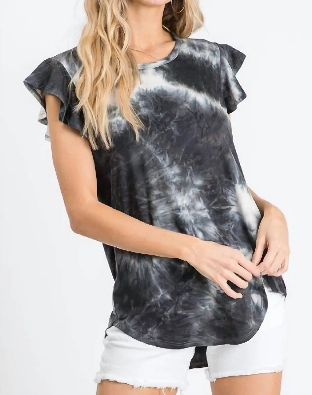 Chic And Edgy Ruffle Tie Dye Top - Plus In Black/ivory