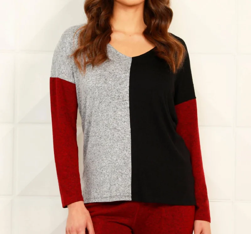 Casual Fashion Color Block Open V-Neck Top In Black/wine