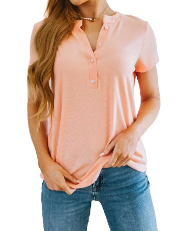 Flash Sale Fever Ribbed Knit Henley Top In Pastel Peach