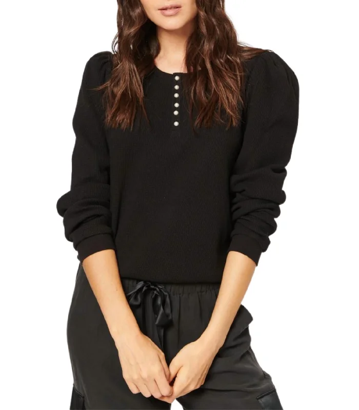 Imeless Style Leilani Waffle Knit Feminine Henley Top In Black