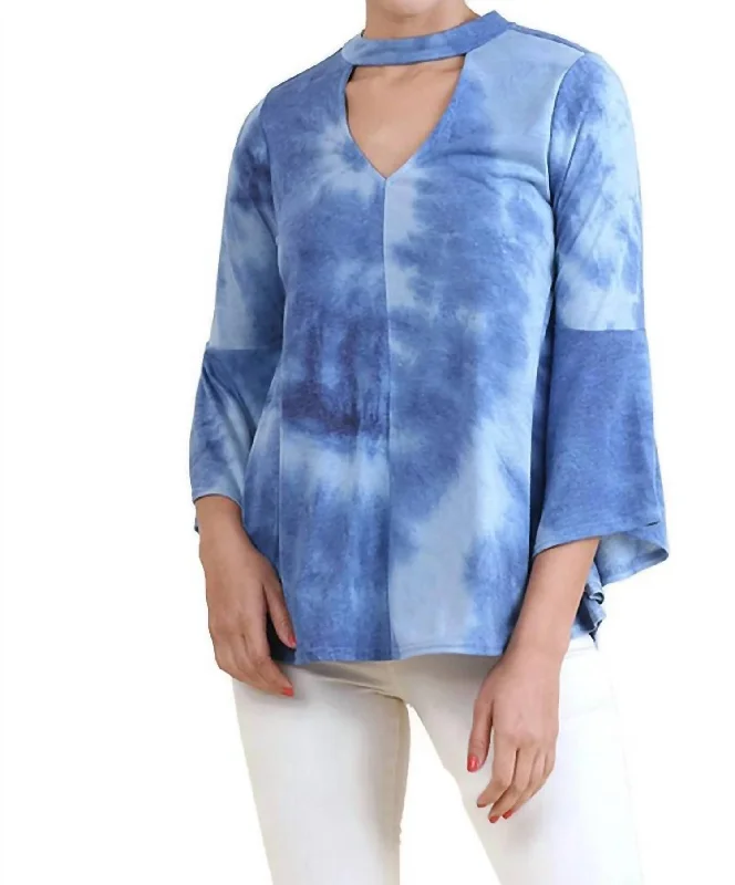 Fashion Forward Tie Dye Bell Sleeve Bohemian Top In Blue