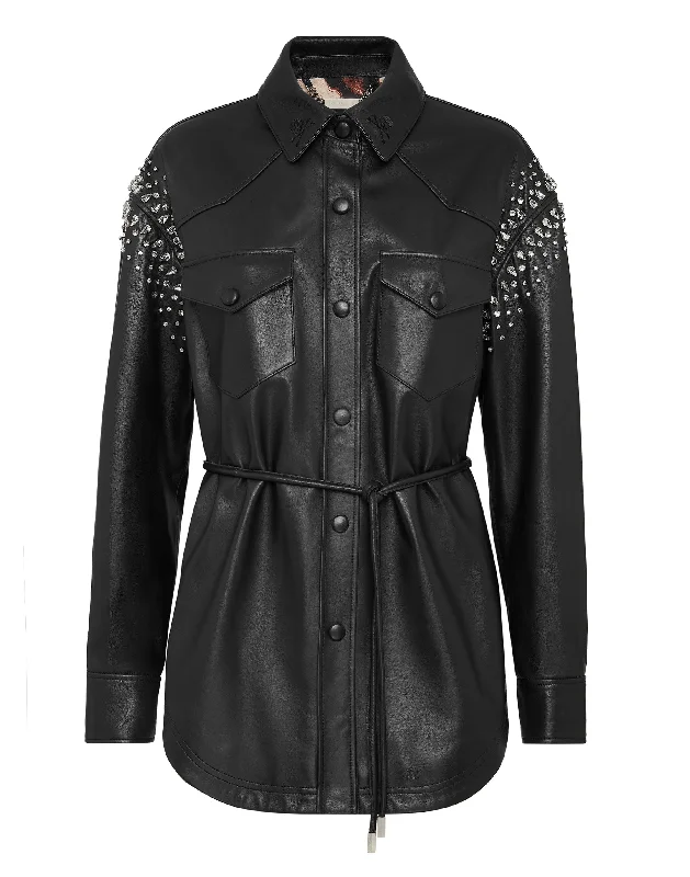 Fashion Sale Leather Shirt Dress with Crystals