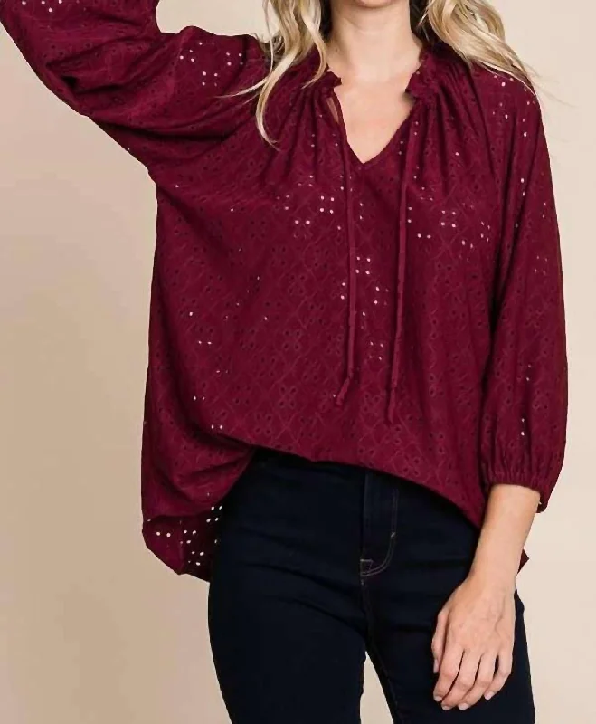 Hot Styles Shirred Raglan 3/4 Sleeve Top In Red Wine