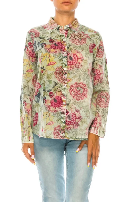 Explore What's New Floral Printed Button-Down Shirt In Basil