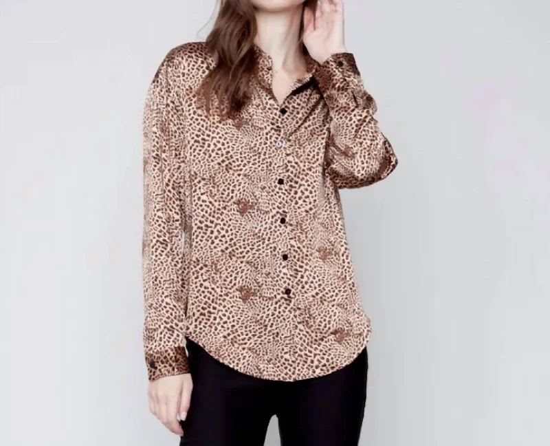 Chic & Modern Sales Printed Gutsy Satin Button Front Shirt In Animal Print