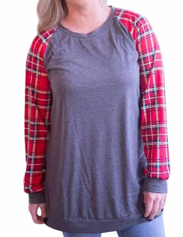 Additional Time-Limited Offers Plaid Raglan Top In Grey