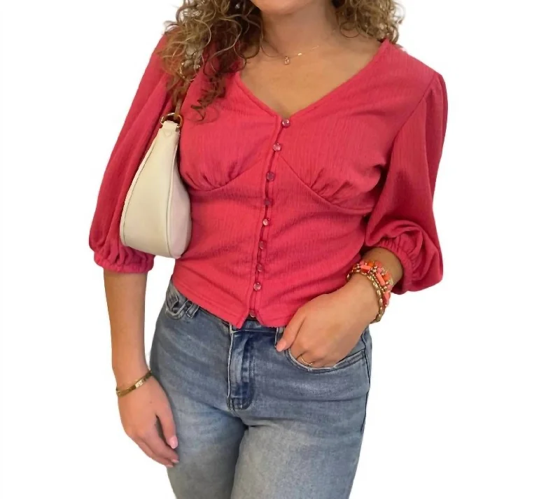 Chic Style Discounts Bubble Sleeve Top In Bright Pink