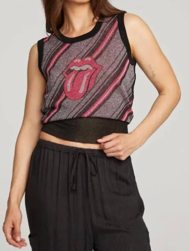 Trendy Threads Rolling Stones Tongue Stripes Top In Red Diagonal Stripe