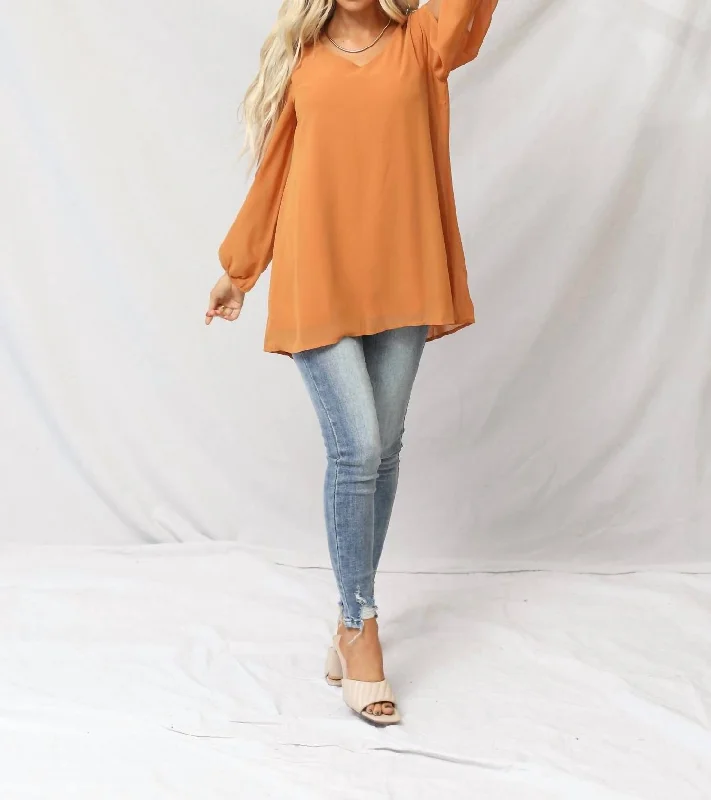 Affordable Luxury Fashion Meg Chiffon Slit Top In Desert Mustard