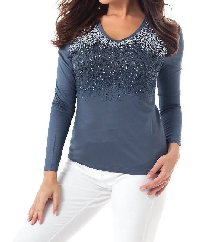 Flash Sale, Don't Miss Ombre Sparkle V-Neck Top In Blue Multi