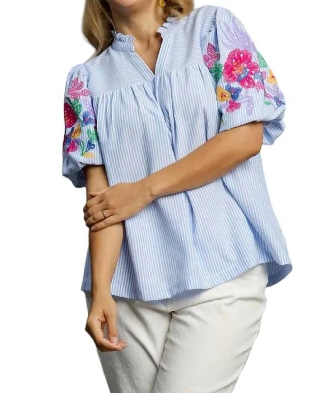 Flash Sale Embroidery Striped Pleated Top - Plus In Light Blue