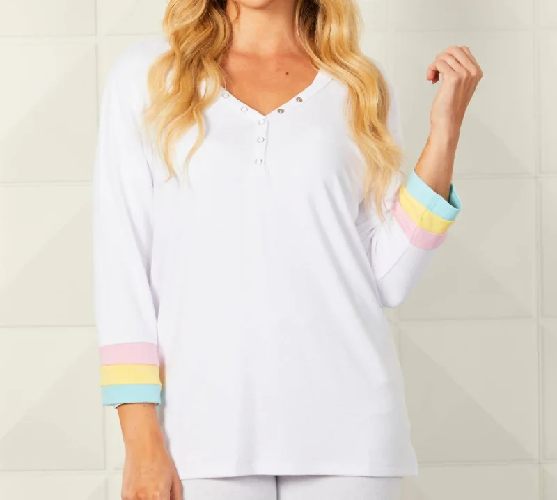 Summer Fashion Detail Button Neck Multi Color Sleeve Top In White