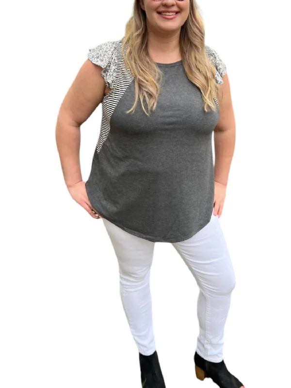 Chic & Cozy Collection Plus Floral Flutter Sleeve Top In Charcoal Grey