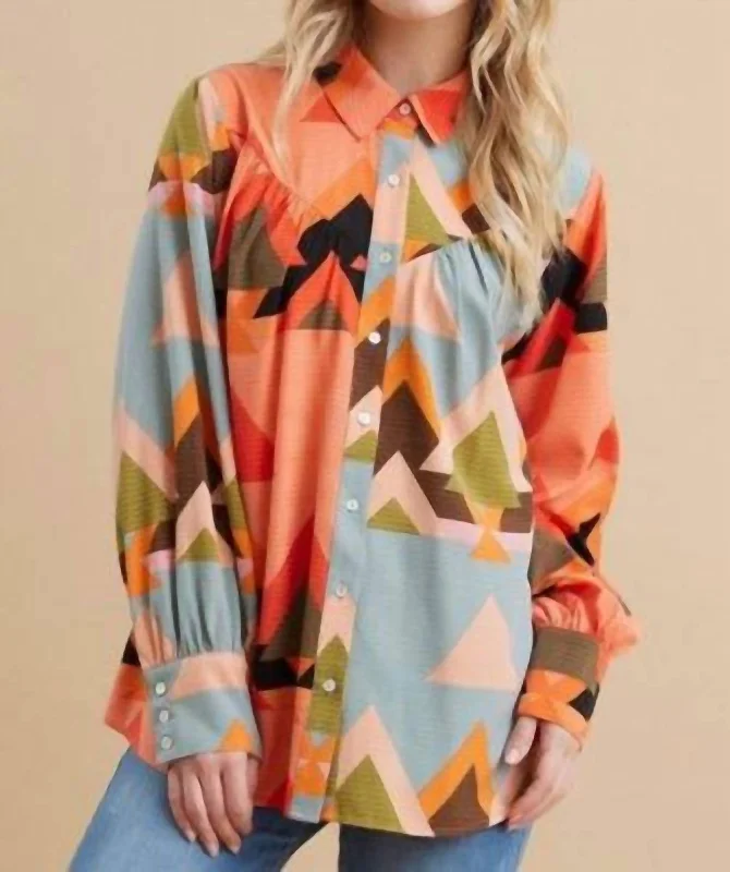 Top Deals Collared Geometric Top In Grapefruit/blue