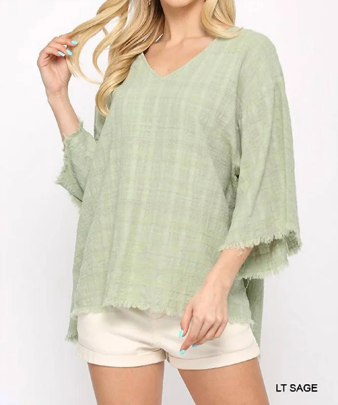 Athleisure Style Sale Woven V-Neck With Frayed Hem In Sage