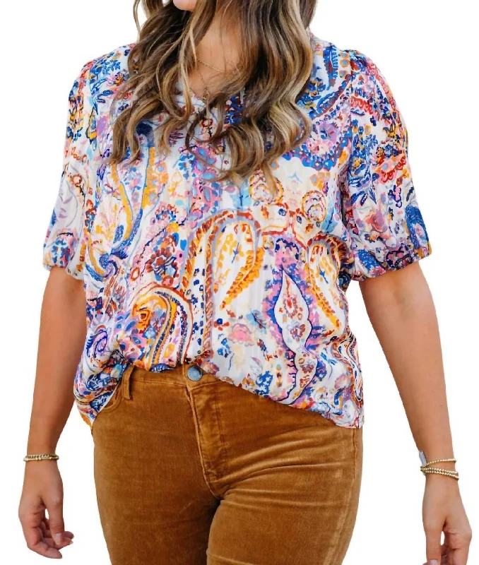 Trendy Pulse Artsy Paisley Puff Sleeve Top In Multi