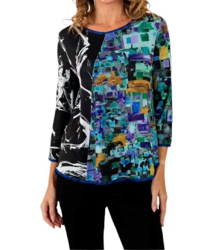 Chic & Modern Sales Reversible Mixed Print Crew Top In Multi-Colored