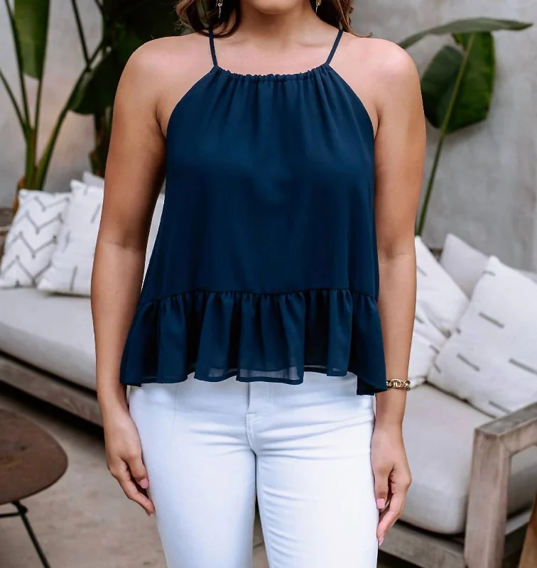 Stylish Savings Chiffon Halter Top In Navy Chiffon