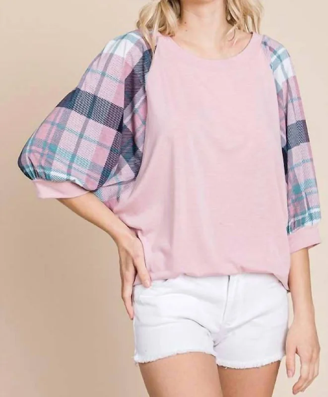 The Latest Fashion Trends Plaid Bubble Sleeves Top In Pink