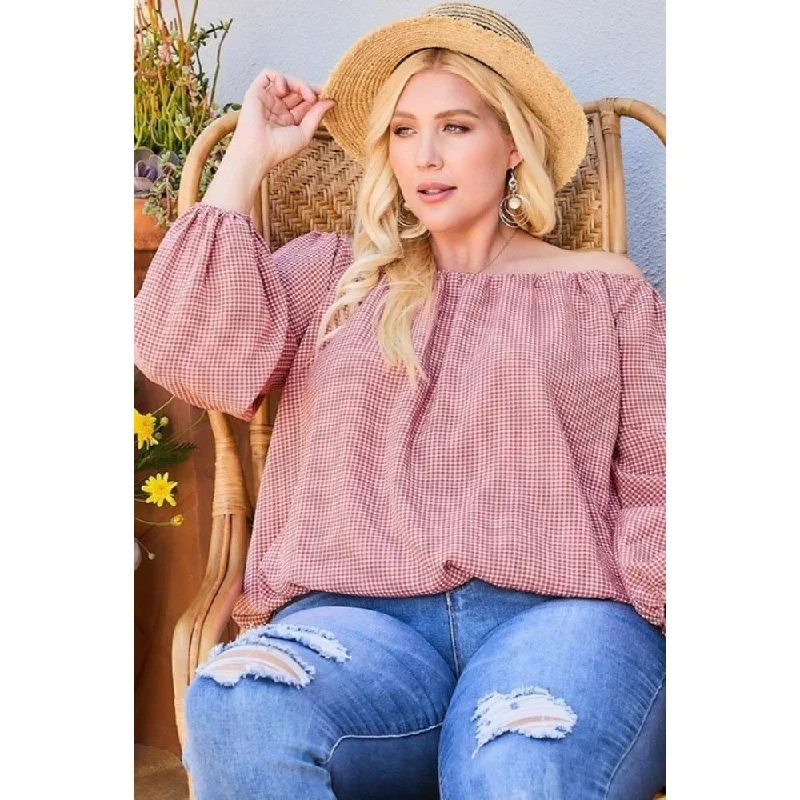 Holiday Attire Sale Off Shoulder Long Bubble Sleeve Plaid Top