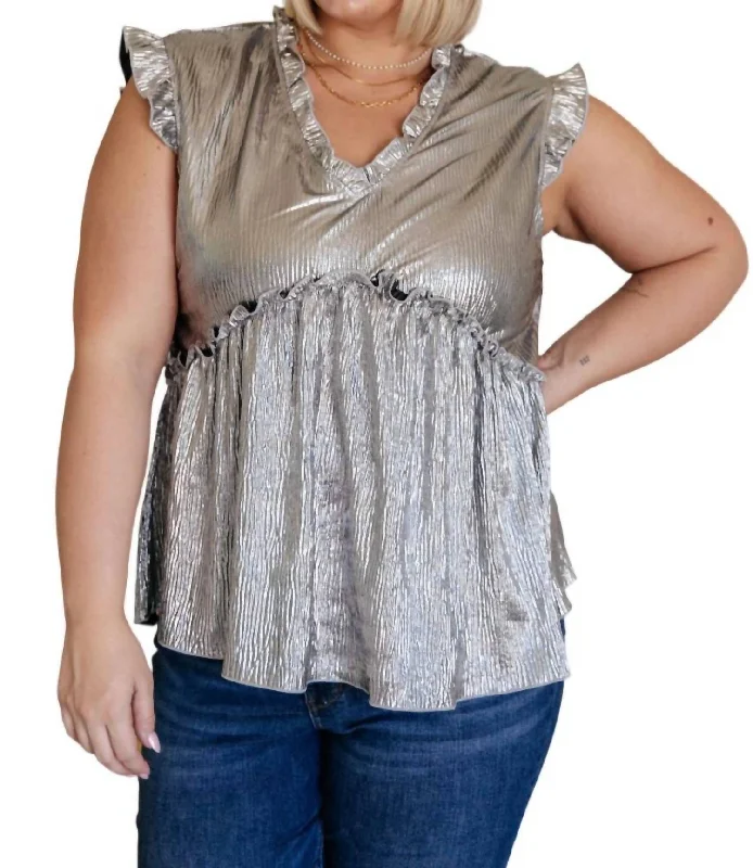 Clearance Event Shine On Metallic Peplum Top In Silver