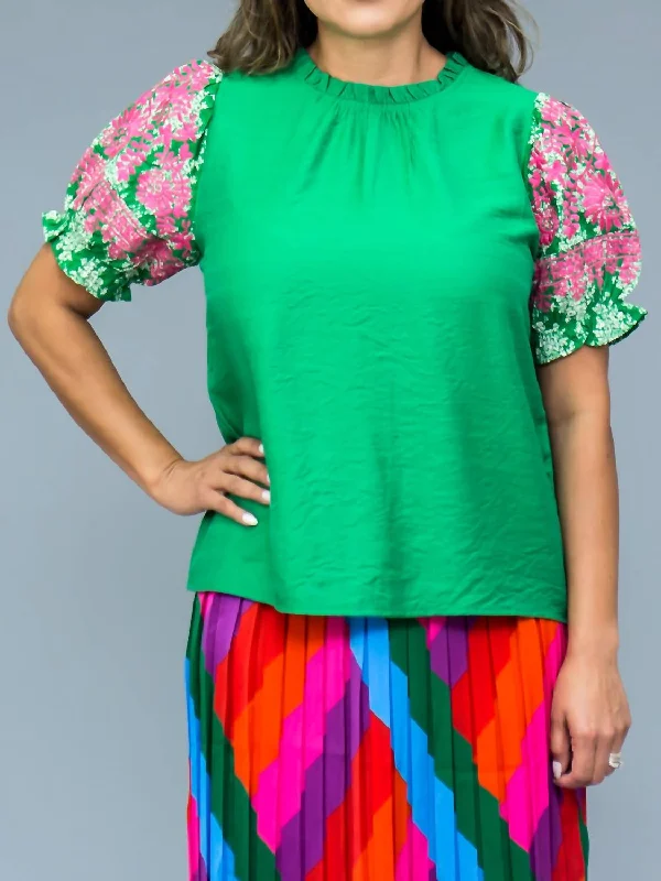 Save Big Embroidered Statement Sleeve Top In Green